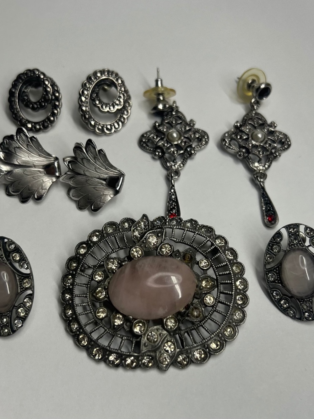 Vintage silver jewelry set with marcasite and rose quartz